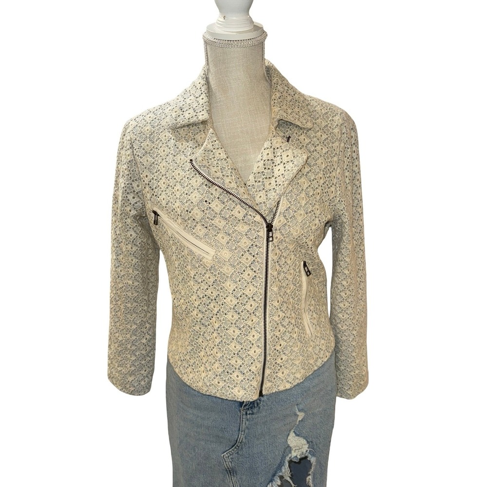 Dolan Moto Jacket Womens Medium Cream Blue Eyelet Lace Cotton Biker Zip - Picture 9 of 12